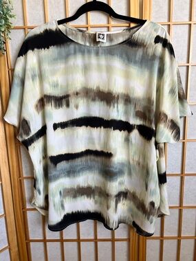 Anne Klein Blouse XL Abstract Print Neutral Boho Flowy Top Short Sleeve